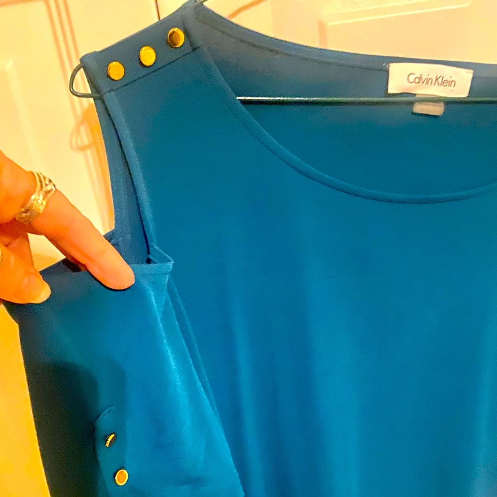 Calvin Klein Cold Shoulder Short Sleeve Green Blouse XL